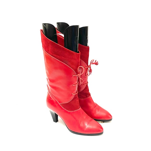 Matite Colorate Shoes - Vintage 1980s cherry red leather and suede lace up granny boots